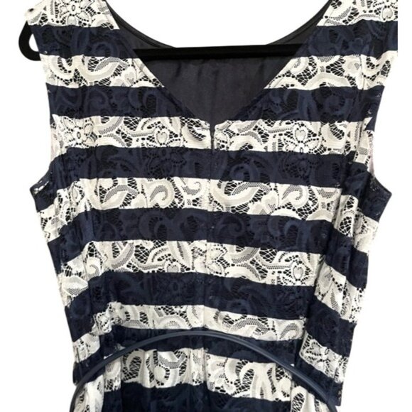 Alex Marie Navy White Horizontal Floral Sleeveless Lace Belt Dress Nautical SZ12 - Picture 4 of 9